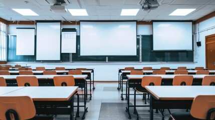 University classroom equipped with modern technology and projection screens.