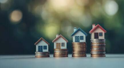 Real estate market growth and property value, with small houses standing on top stacks of coins, against blurred background