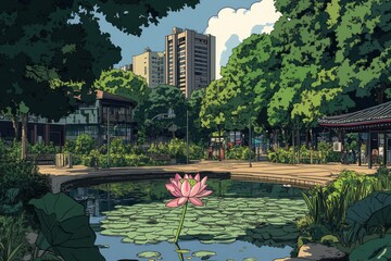 Fototapeta premium Lotus Flower Urban Oasis Buddhism, Hinduism Religion Spiritual Symbol - Generative AI