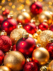 Red and Gold Christmas Ornaments with Sparkling Background