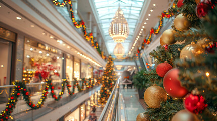 Festively decorated shopping mall interior with Christmas trees and ornaments. Concept of holiday shopping, Christmas decorations, seasonal mall ambiance, festive retail