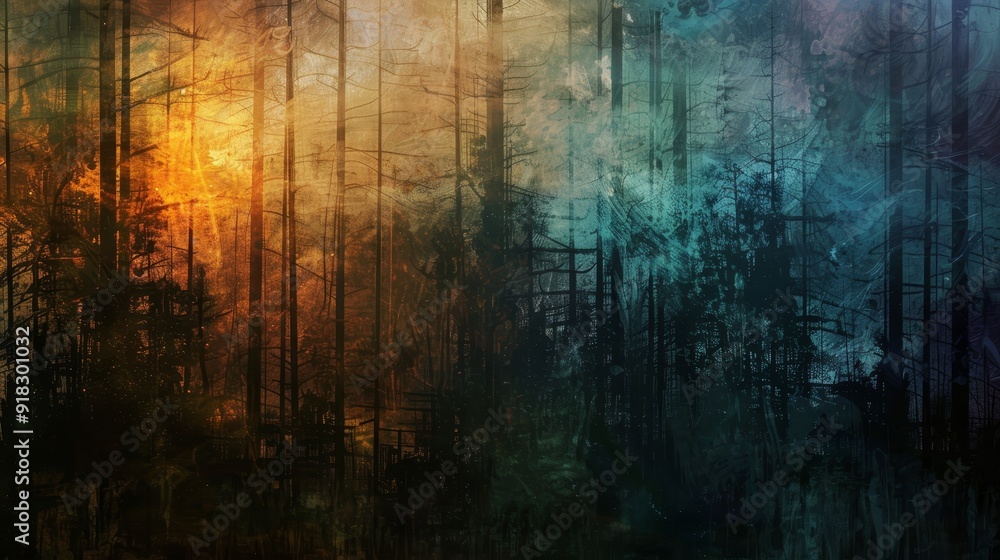 Poster a colorful abstract background with textures resembling trees and nature at dusk
