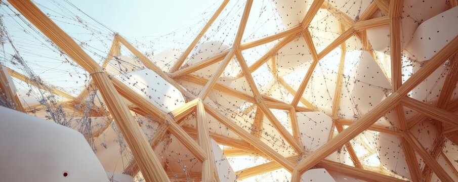 Intricate architectural design featuring wooden beams and net-like structures, showcasing modern and innovative construction techniques.