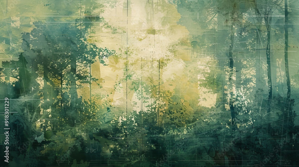 Poster lush forest with dappled sunlight filtering through the trees at midday