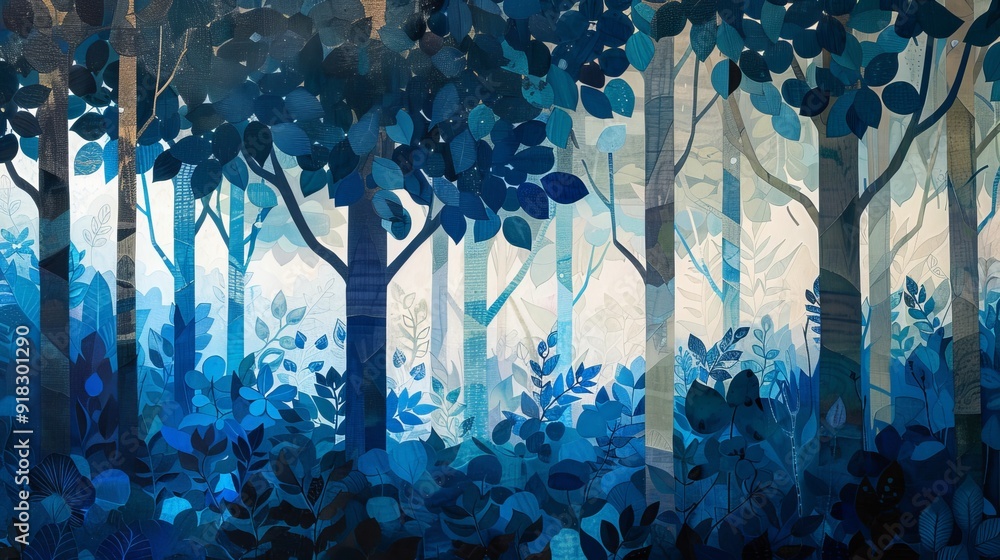 Poster enchanted blue forest with tall trees and subtle light filtering through foliage