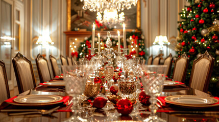 Lavish dining room with Christmas decor featuring candlelit table setting and festive ornaments. Concept of holiday season, celebration, christmas dinner table, decor, interior design, festivities
