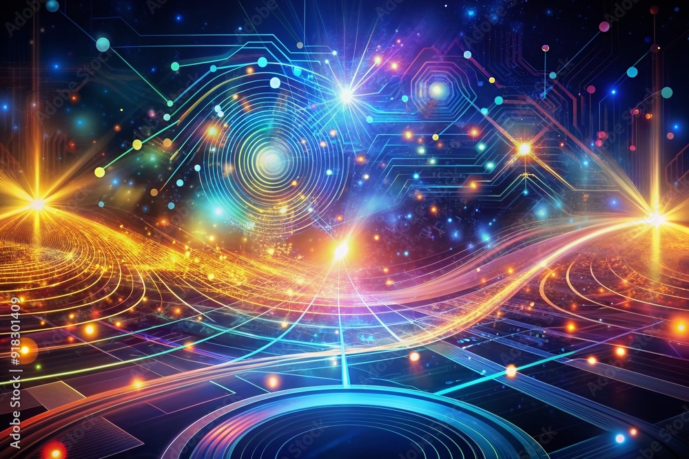 Poster vibrant futuristic digital background featuring swirling circuits, flowing particles, and abstract n