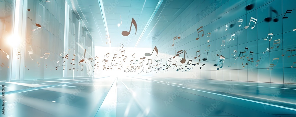 Poster minimalist music notes on sleek modern background with contrasting colors and sharp lines