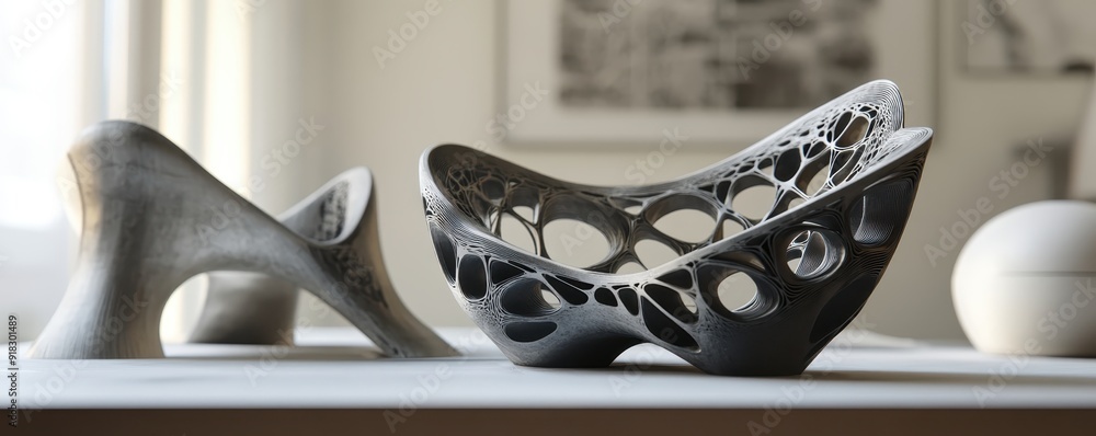 Poster modern abstract sculptures with intricate designs displayed on a table in a bright minimalist settin