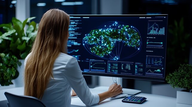 woman working on laptop A holographic product sales presentation with holograp - Powered by Adobe