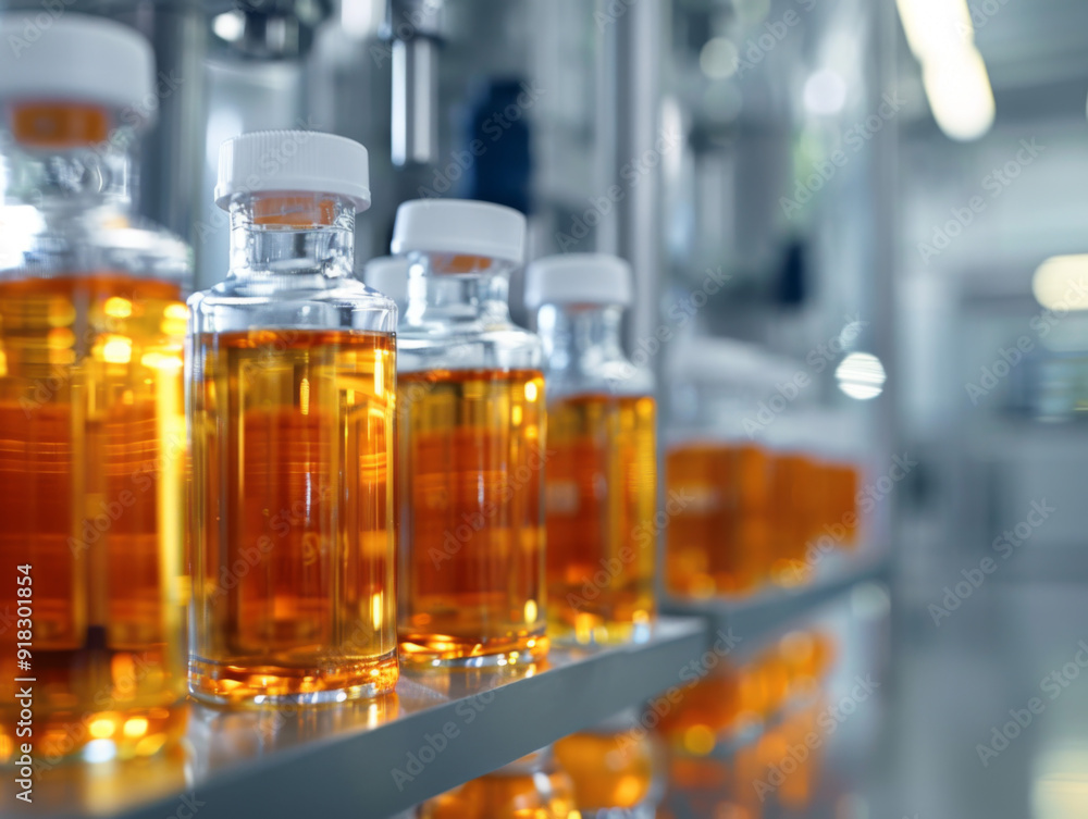 Poster glass bottles filled with yellow liquid on a shelf in a factory setting