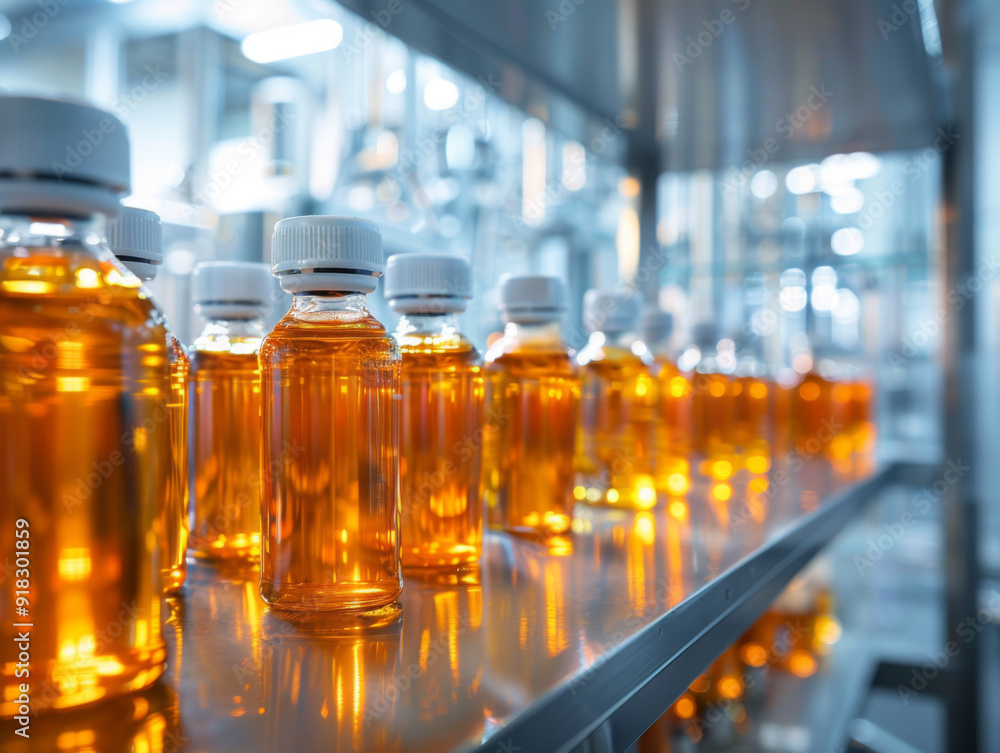Poster rows of amber liquid filled bottles on a shelf in a factory setting