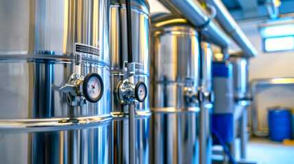 Industrial stainless steel tanks with pressure gauges. Concept of brewery, manufacturing, storage containers, beverage production