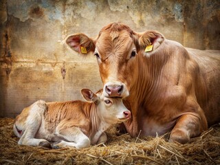 Weathered paper texture with grunge stains serves as a unique backdrop for a heartwarming scene of a newborn calf snuggling with its mother in a rural cattle farm setting.