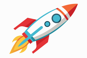 Cartoon illustration of a red and white rocket taking off