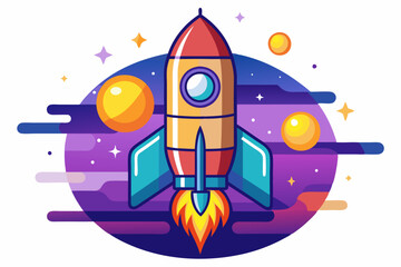 Cartoon Rocket Ship Launching into Space with Stars and Planets