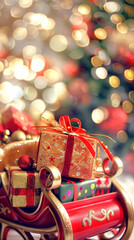 Wooden sleigh filled with colorful gift boxes on bokeh background. Concept of Christmas presents, holiday celebration, festive decorations, seasonal gift-giving. Vertical