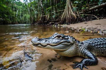 Fototapeta premium Black Caiman Melanosuchus niger lurking in the waters of the Amazon River