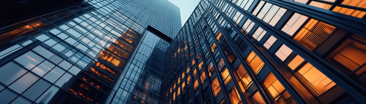 Modern skyscrapers with glass exterior reflecting sky, view from ground up with warm interior lights during twilight.