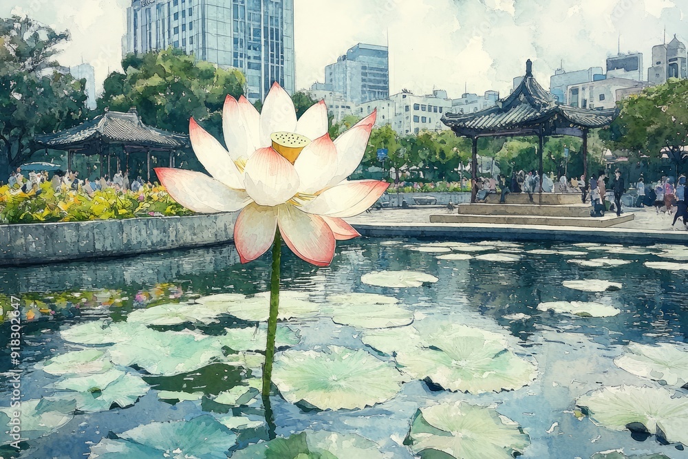 Wall mural Lotus Flower Urban Oasis Buddhism, Hinduism Religion Spiritual Symbol - Generative AI