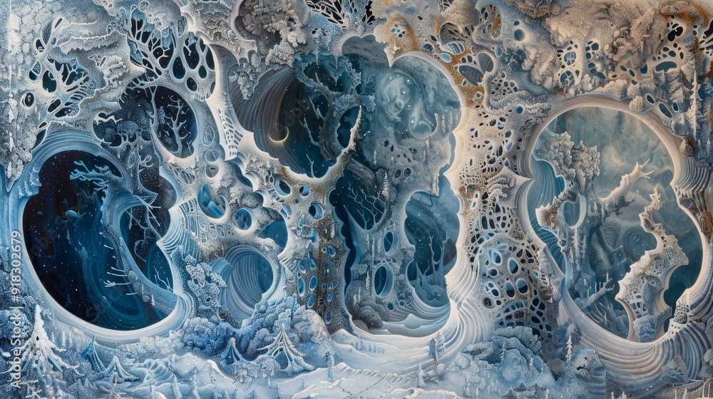 Poster abstract blue pattern resembling ocean waves and bubbles in a textured composition