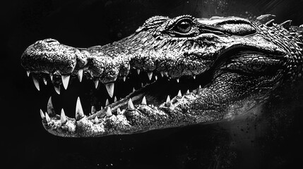 Obraz premium Terrifying Crocodile Head with Razor-Sharp Teeth and Menacing Glare â€“ Horror Art Style Illustration in White Ink Featuring Textured Scales