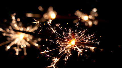 Obraz premium Two burning sparklers illuminating the dark. Concept of celebration, festive occasions, New Year's Eve, holiday season