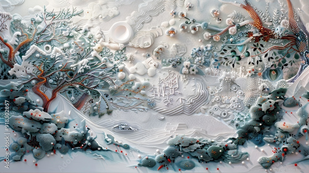 Poster snow-covered landscape with frosted trees and rocks in a serene winter setting at twilight