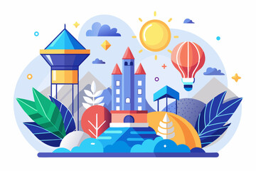 Colorful Flat Illustration of a Fantasy Town with a Castle, Tower, Hot Air Balloon, and Sunny Sky