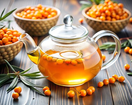 sea ​​buckthorn tea, in a glass teapo