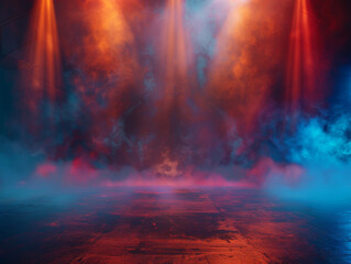 Fototapeta premium Red and Blue Spotlights on a Smoky Stage