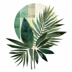 A collage of green leaves and geometric shapes, emphasizing nature and design aesthetics.