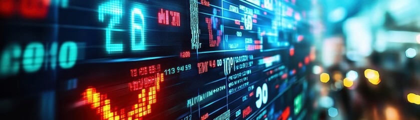 Fototapeta premium Vibrant stock market display with dynamic trading data and financial indicators in a bustling urban environment, showcasing global economy activity.