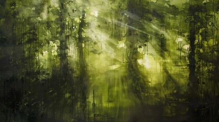 Sunlight filters through the dense forest canopy in a serene wooded area during the early morning hours