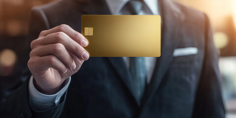 Fototapeta premium A businessman in a suit holds in his hand and shows a blank gold bank credit card mockup