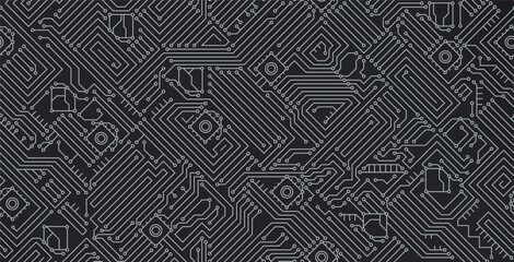 Electronic circuit of motherboard on black seamless background.