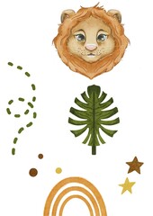 watercolor baby lion African plants hand drawn set of objects