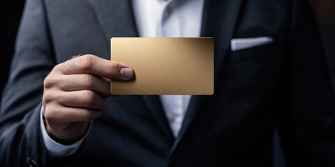 Fototapeta premium A businessman in a suit holds in his hand and shows a blank gold bank credit card mockup