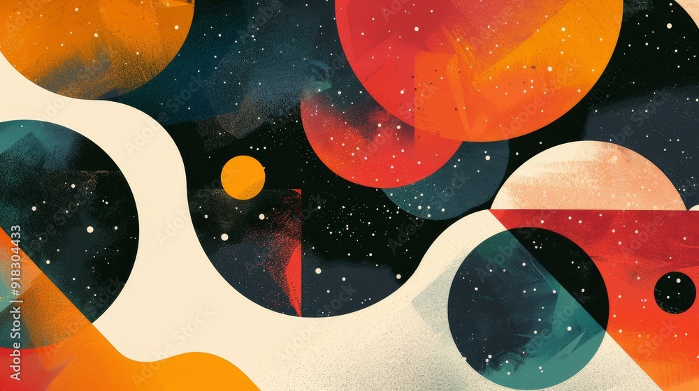 Poster colorful abstract representation of planets and cosmic elements against a dark background