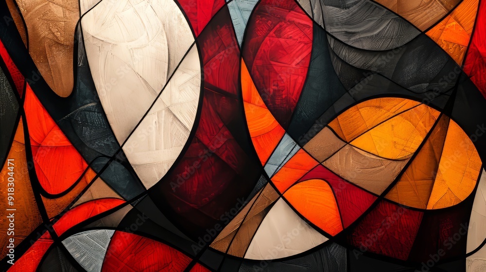 Poster abstract stained glass design in vibrant colors featuring intertwining shapes and patterns