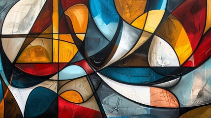 Fototapeta premium Colorful abstract art featuring flowing shapes and vivid colors displayed in a modern gallery setting
