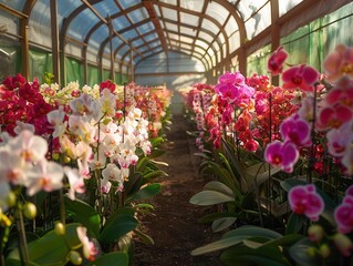 Orchid greenhouse, diverse species, wideangle shot, vibrant colors, humid atmosphere, exotic and lush