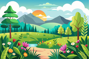 Naklejka premium Lush Green Valley Landscape with Flowers and a Stream