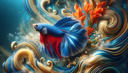 A photorealistic beta fish in bright blue and red colors swimming through an abstract, underwater scene with swirls of metallic gold and bright orange flowers growing from the ocean floor.