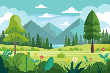 Naklejka premium Lush Green Landscape with Mountains, Trees, and Flowers