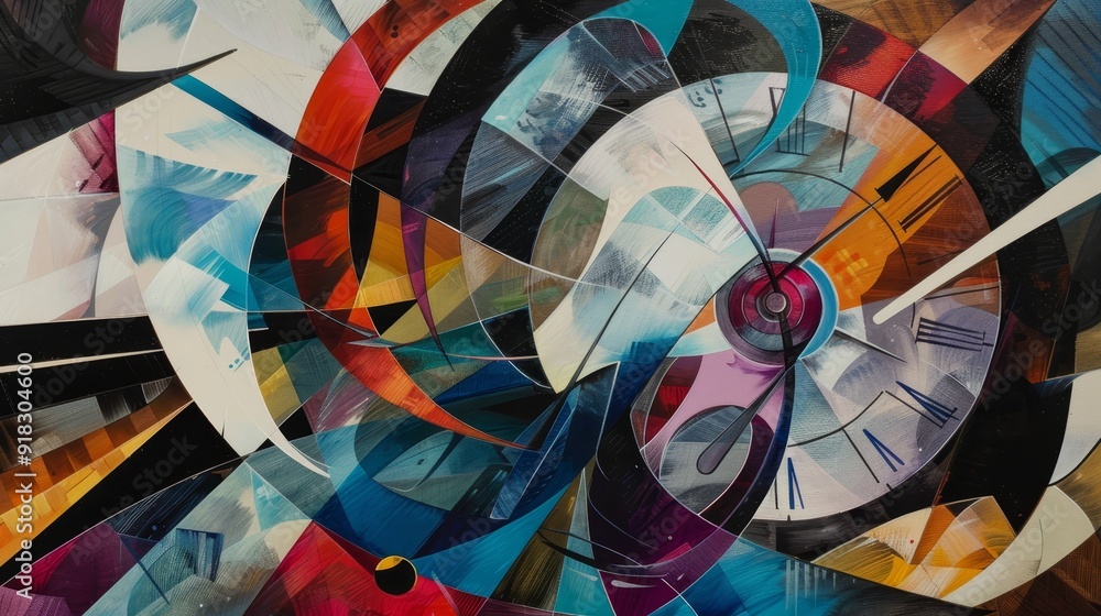 Poster colorful abstract painting depicting a dynamic swirl of shapes and patterns in a contemporary art st