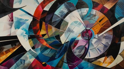 Fototapeta premium Colorful abstract painting depicting a dynamic swirl of shapes and patterns in a contemporary art style