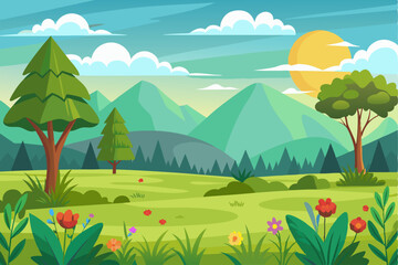 Obraz premium A Sunny Meadow Landscape with Mountains and Trees