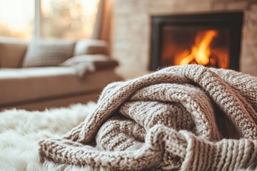 Blanket in cozy living room and a fireplace.