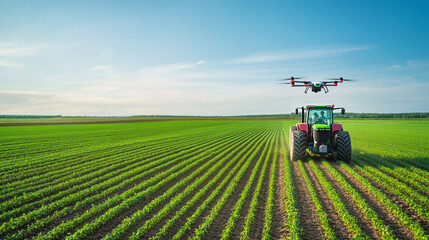 Automated tractors working in agricultural fields, Large fields where autonomous tractors equipped with GPS and sensors plow and seed crops, while drones monitor plant health, the